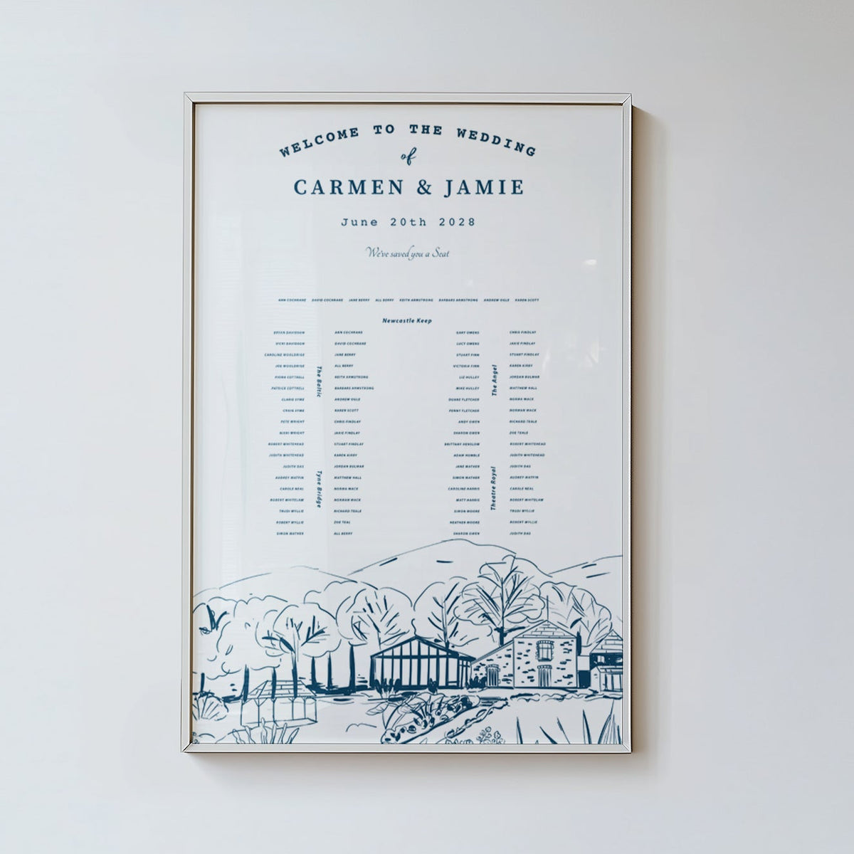 Hand-Illustrated Bespoke Venue Table Plan with landscape