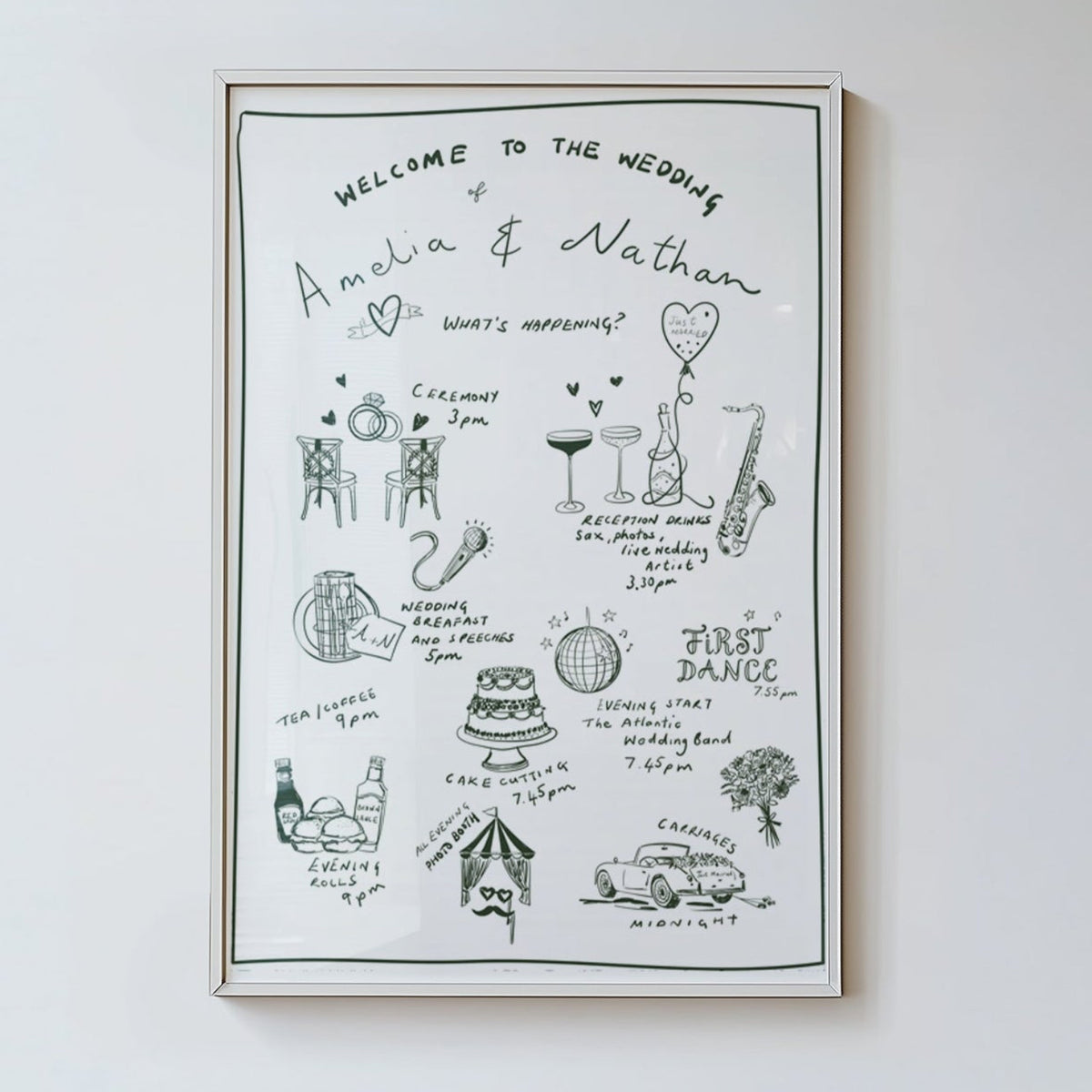 Hand-Illustrated Bespoke Wedding Welcome Sign & Timeline