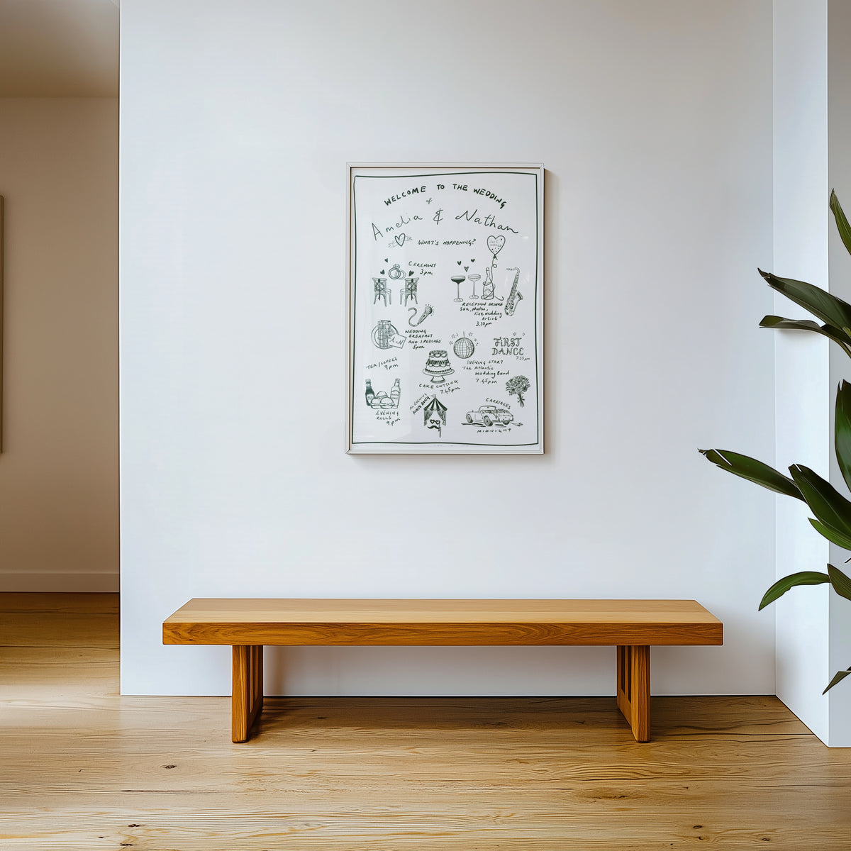 Hand-Illustrated Bespoke Wedding Welcome Sign & Timeline