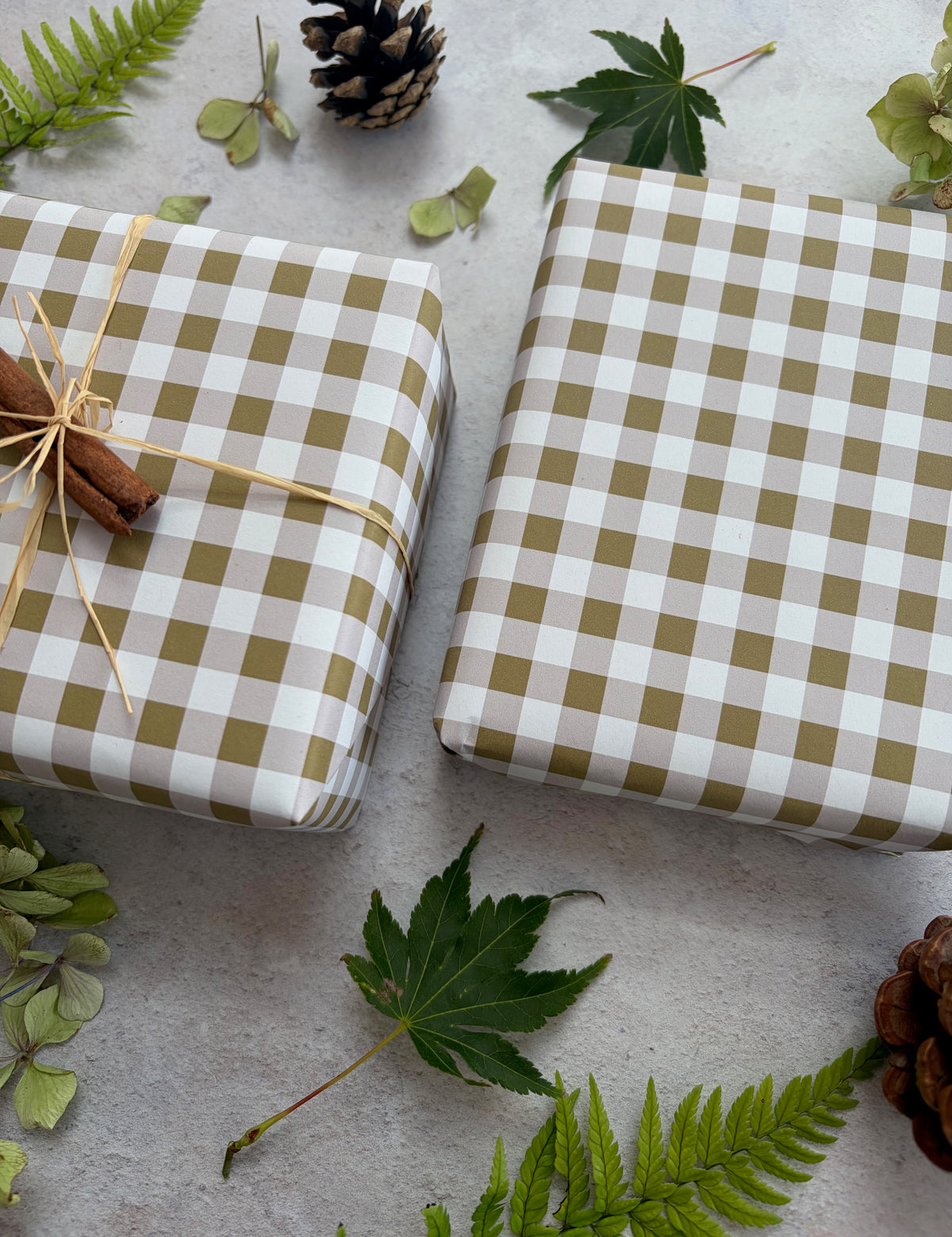 Moss Green Cheque Pattern on White Recycled Fibre 450 x 320mm Size Wrapping Paper Sheet