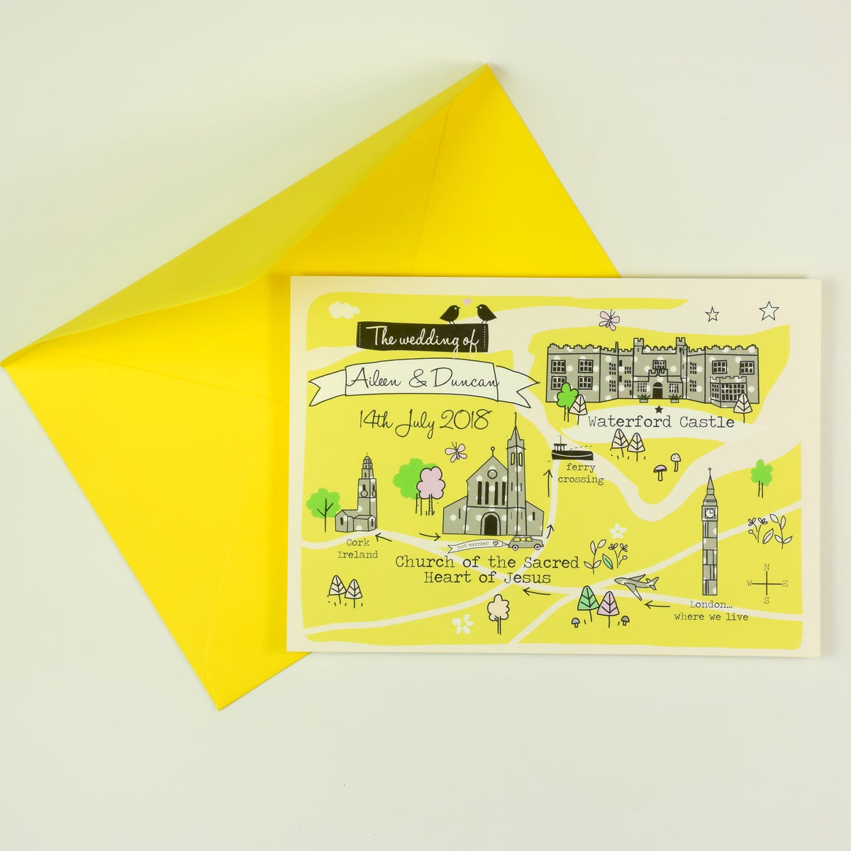 Illustrated Bespoke Map Invitation - Our Story Yellow