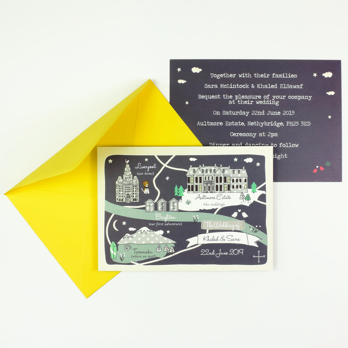Illustrated Bespoke Map Invitation -Our Story Navy