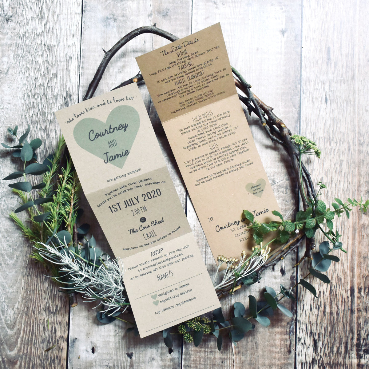 Heart Tri Fold Recycled Folded Wedding Invitation