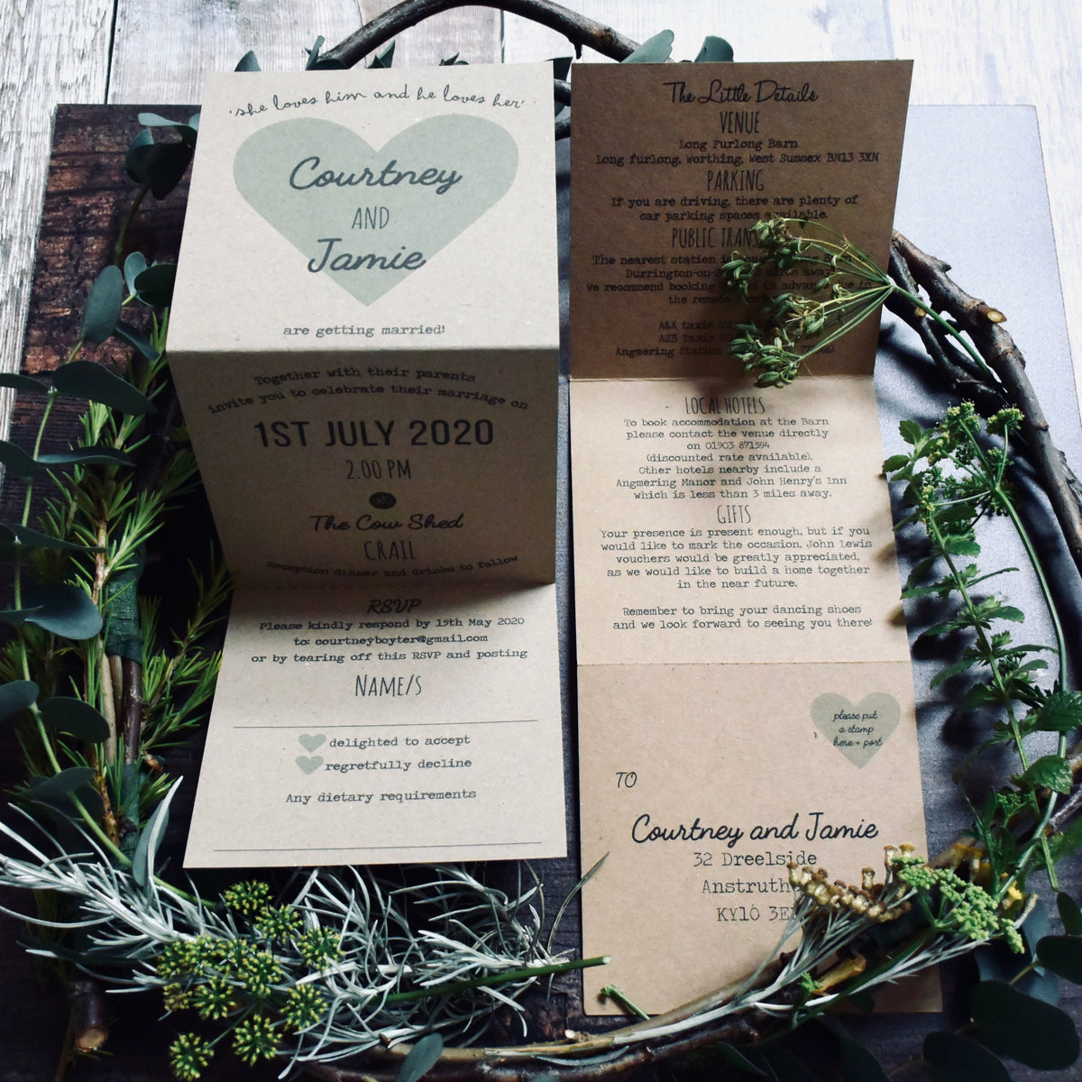 Heart Tri Fold Recycled Folded Wedding Invitation