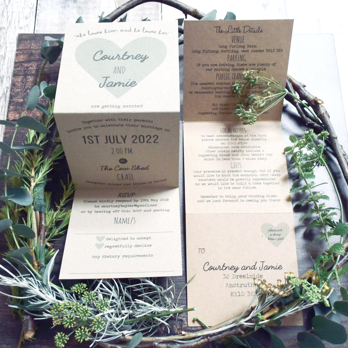 Heart Tri Fold Recycled Folded Wedding Invitation