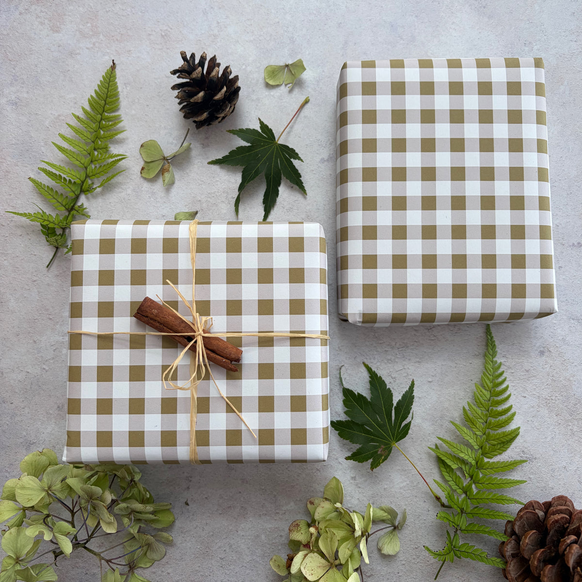 Moss Green Cheque Pattern on White Recycled Fibre 450 x 320mm Size Wrapping Paper Sheet
