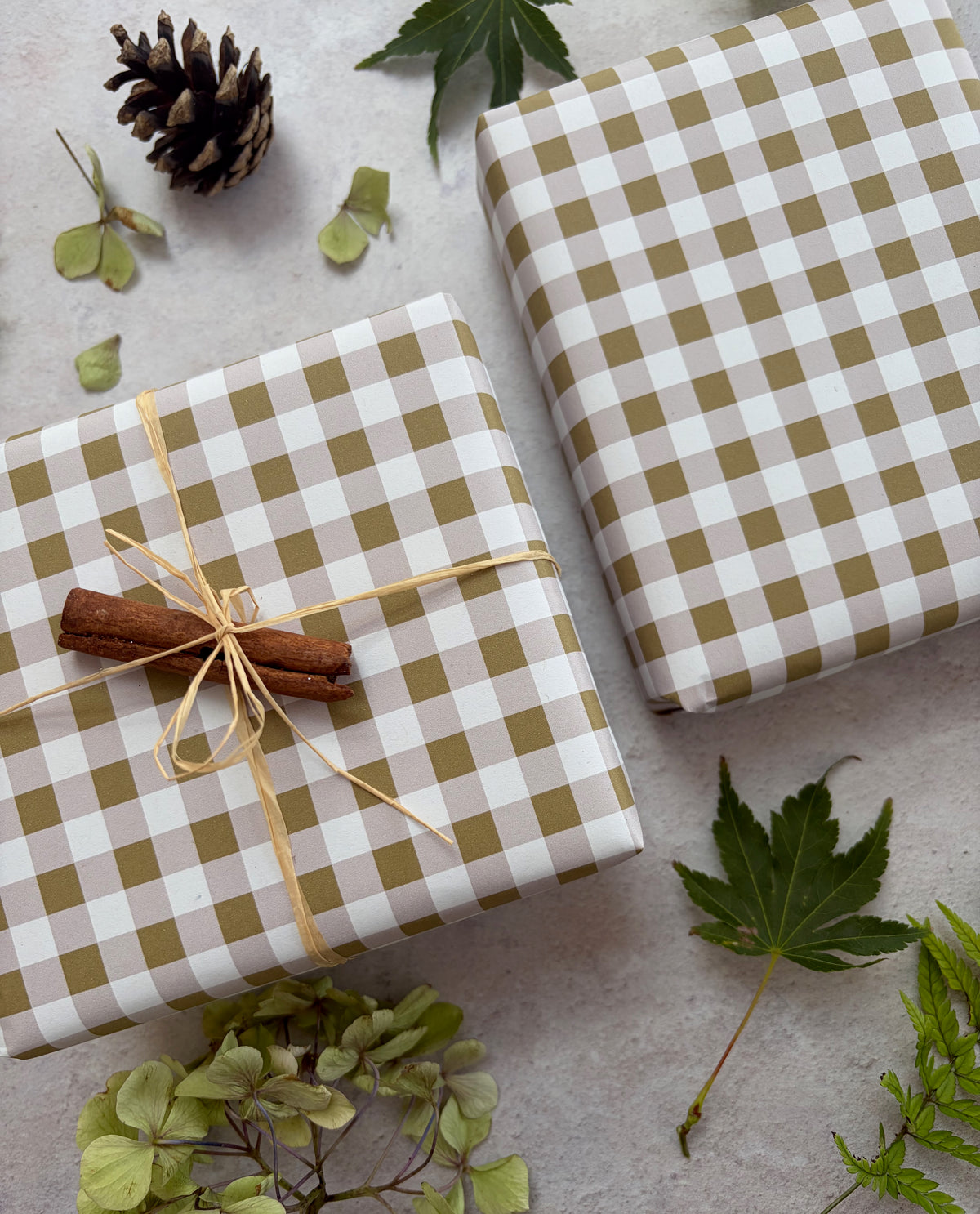 Moss Green Cheque Pattern on White Recycled Fibre 450 x 320mm Size Wrapping Paper Sheet