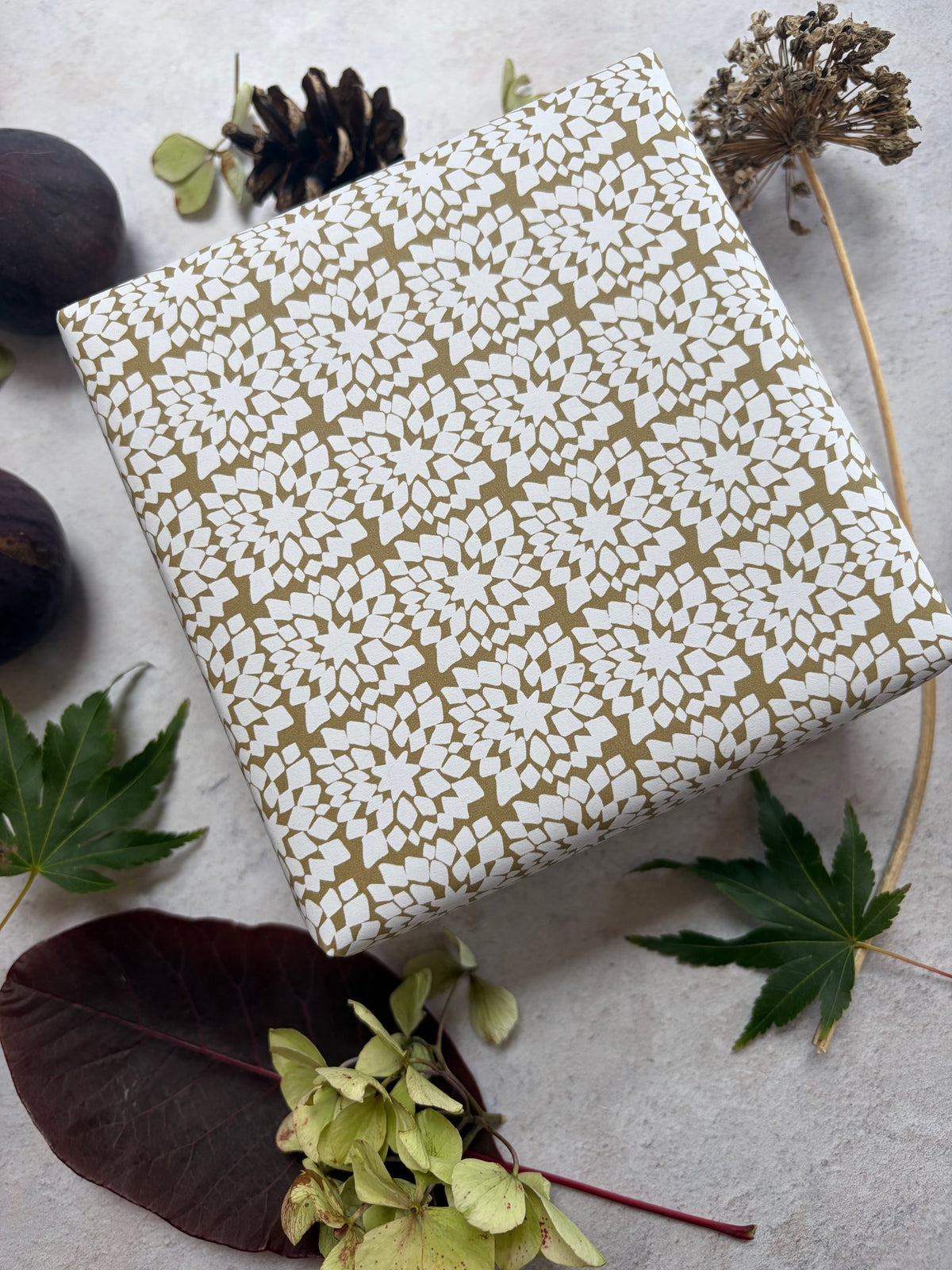 Snowflake Moss Green on  White Recycled Fibre 450 x 320mm Size Wrapping Paper Sheet