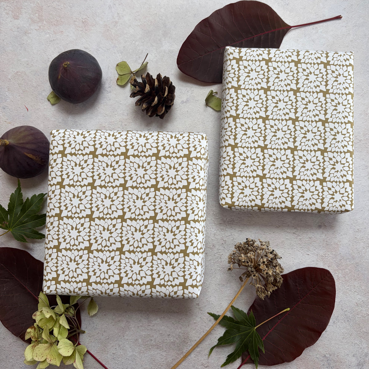 Snowflake Moss Green on  White Recycled Fibre 450 x 320mm Size Wrapping Paper Sheet