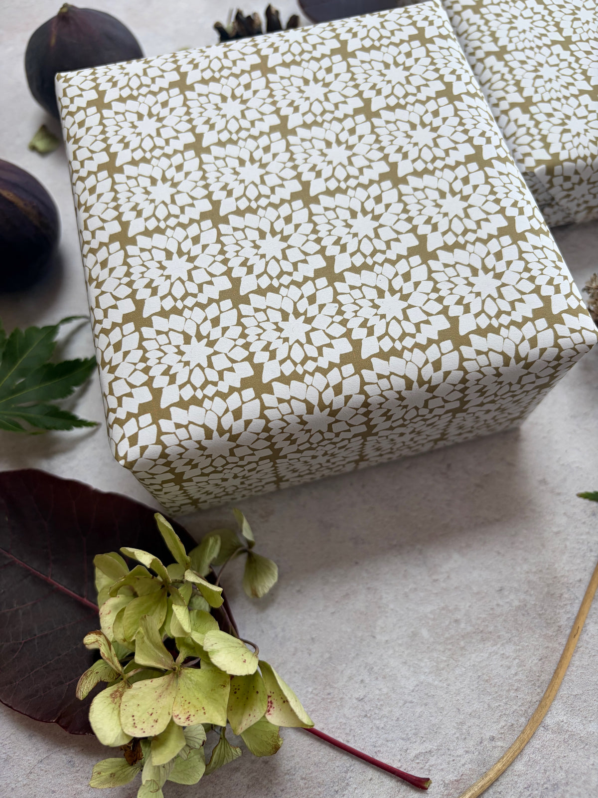 Snowflake Moss Green on  White Recycled Fibre 450 x 320mm Size Wrapping Paper Sheet