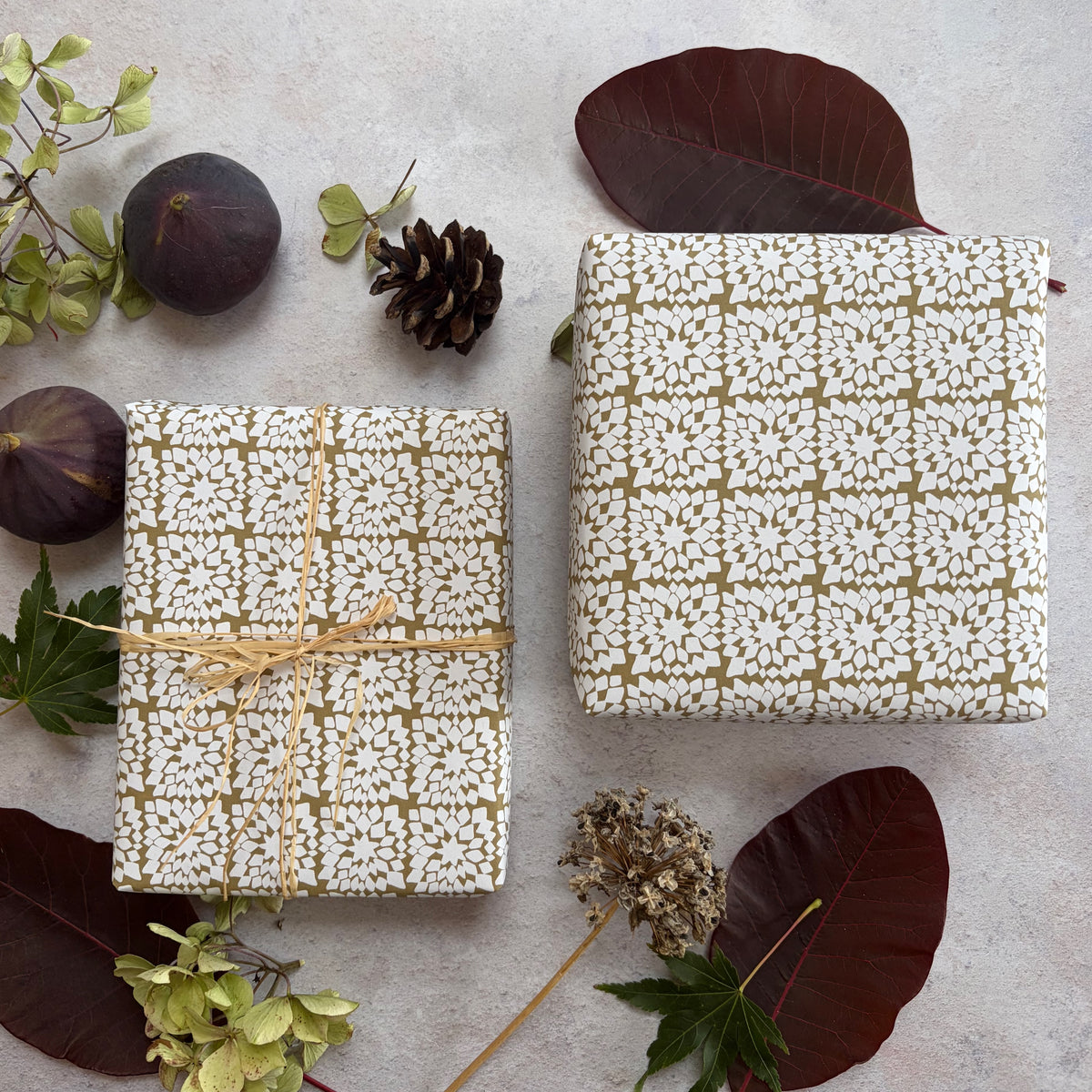 Snowflake Moss Green on  White Recycled Fibre 450 x 320mm Size Wrapping Paper Sheet