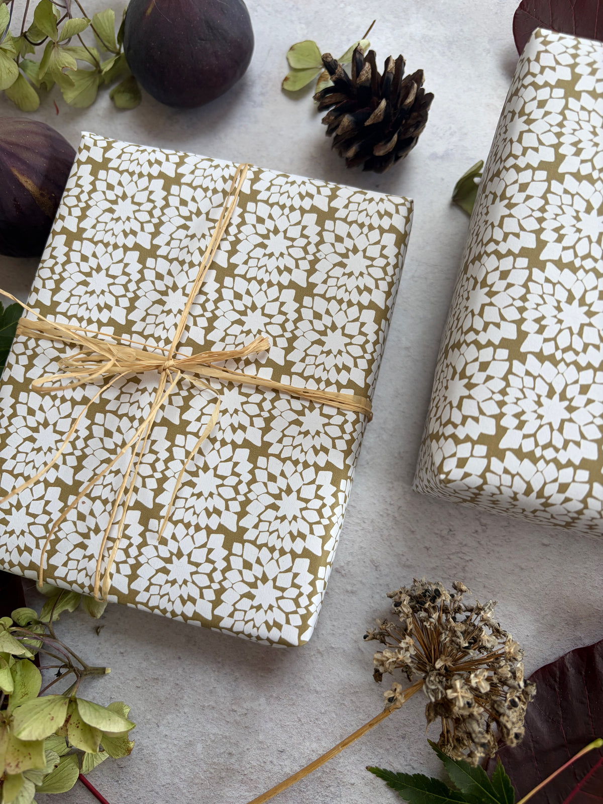 Snowflake Moss Green on  White Recycled Fibre 450 x 320mm Size Wrapping Paper Sheet