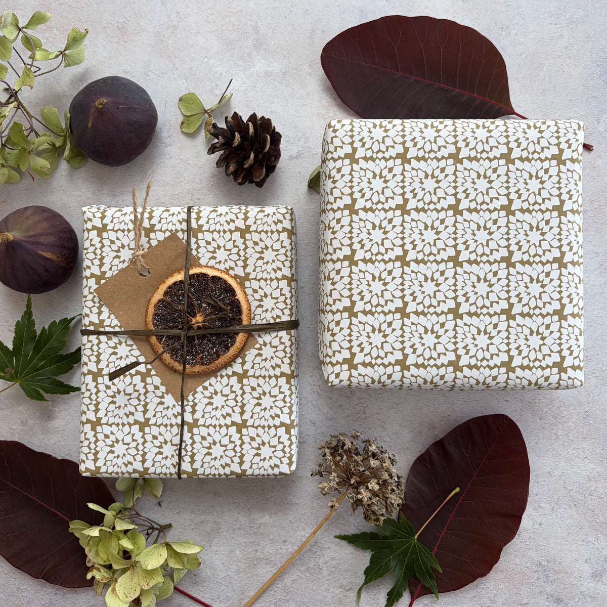 Snowflake Moss Green on  White Recycled Fibre 450 x 320mm Size Wrapping Paper Sheet