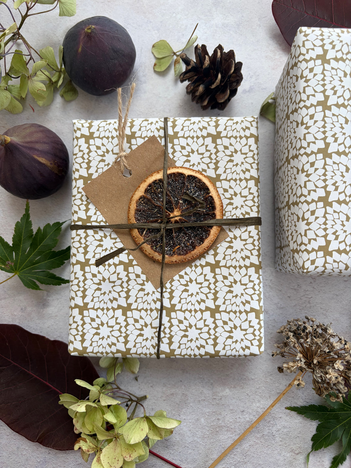Snowflake Moss Green on  White Recycled Fibre 450 x 320mm Size Wrapping Paper Sheet
