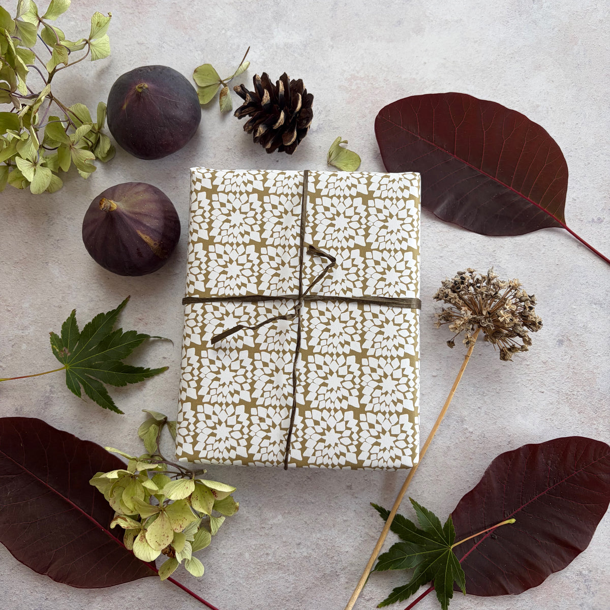 Snowflake Moss Green on  White Recycled Fibre 450 x 320mm Size Wrapping Paper Sheet