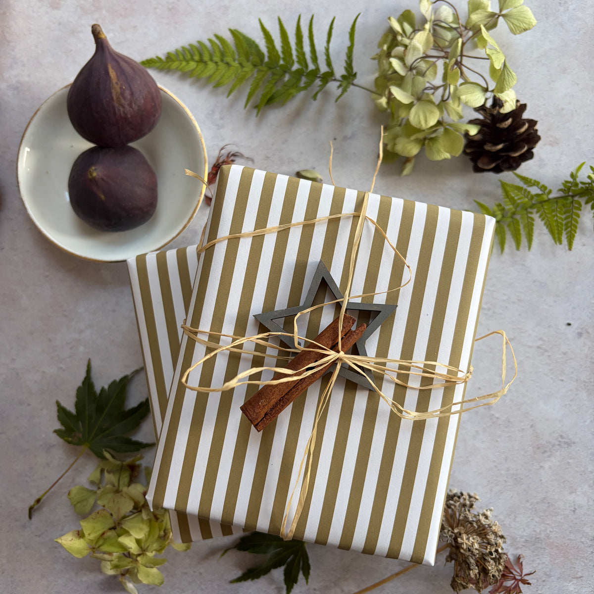 Moss Green Stripe  on  White Recycled Fibre 450 x 320mm Size Wrapping Paper Sheet
