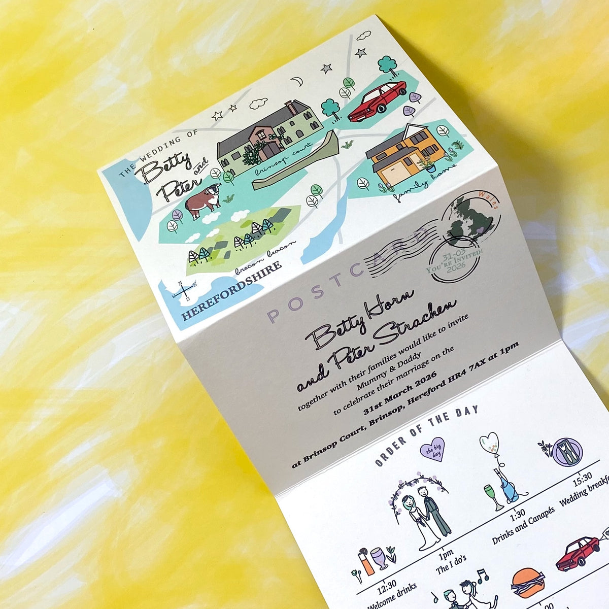BESPOKE ILLUSTRATED FOLDED WEDDING INVITATION WITH TIMELINE