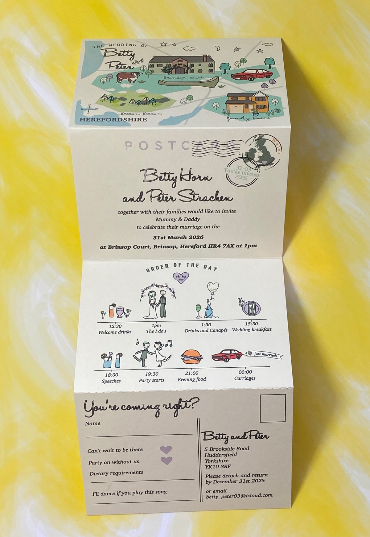 BESPOKE ILLUSTRATED FOLDED WEDDING INVITATION WITH TIMELINE
