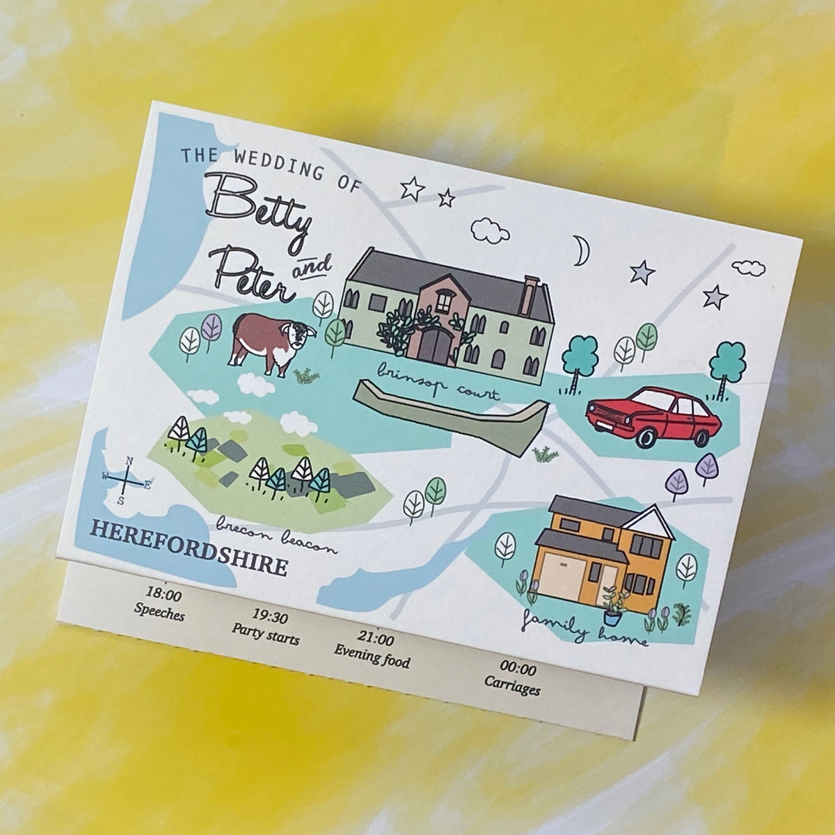 BESPOKE ILLUSTRATED FOLDED WEDDING INVITATION WITH TIMELINE