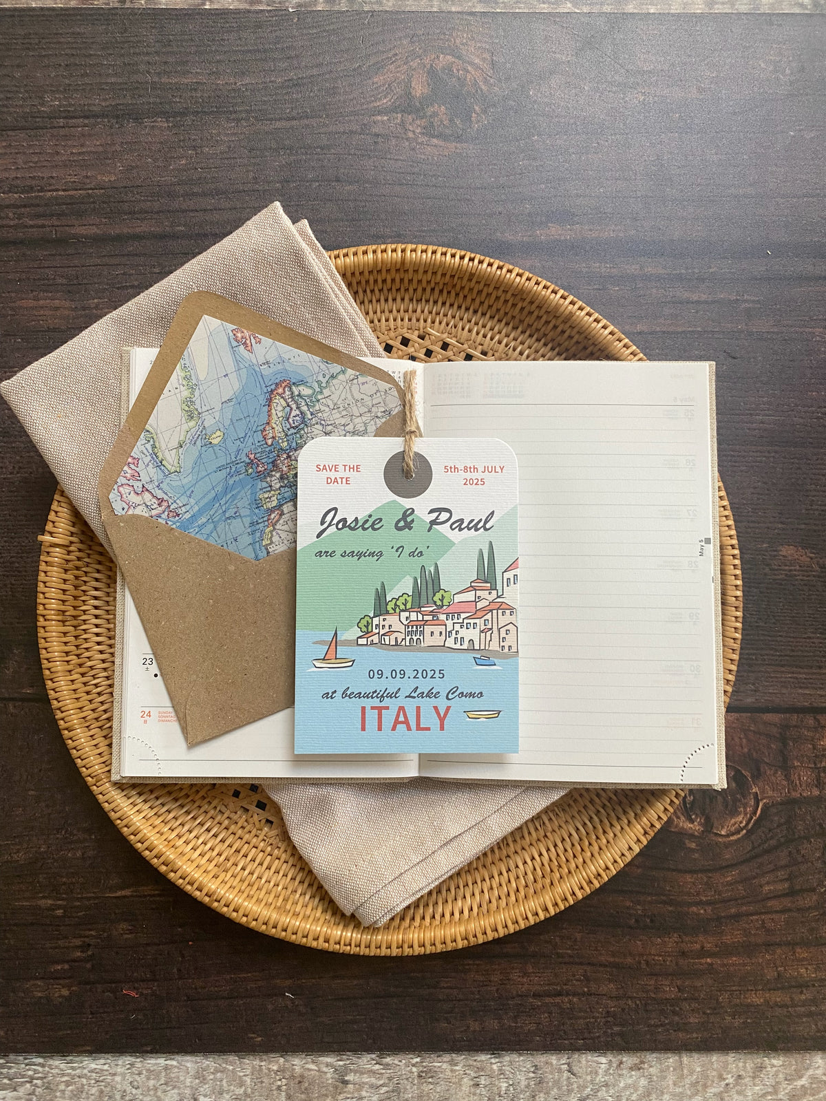 Lake Como Illustration Luggage Tag Save The Date