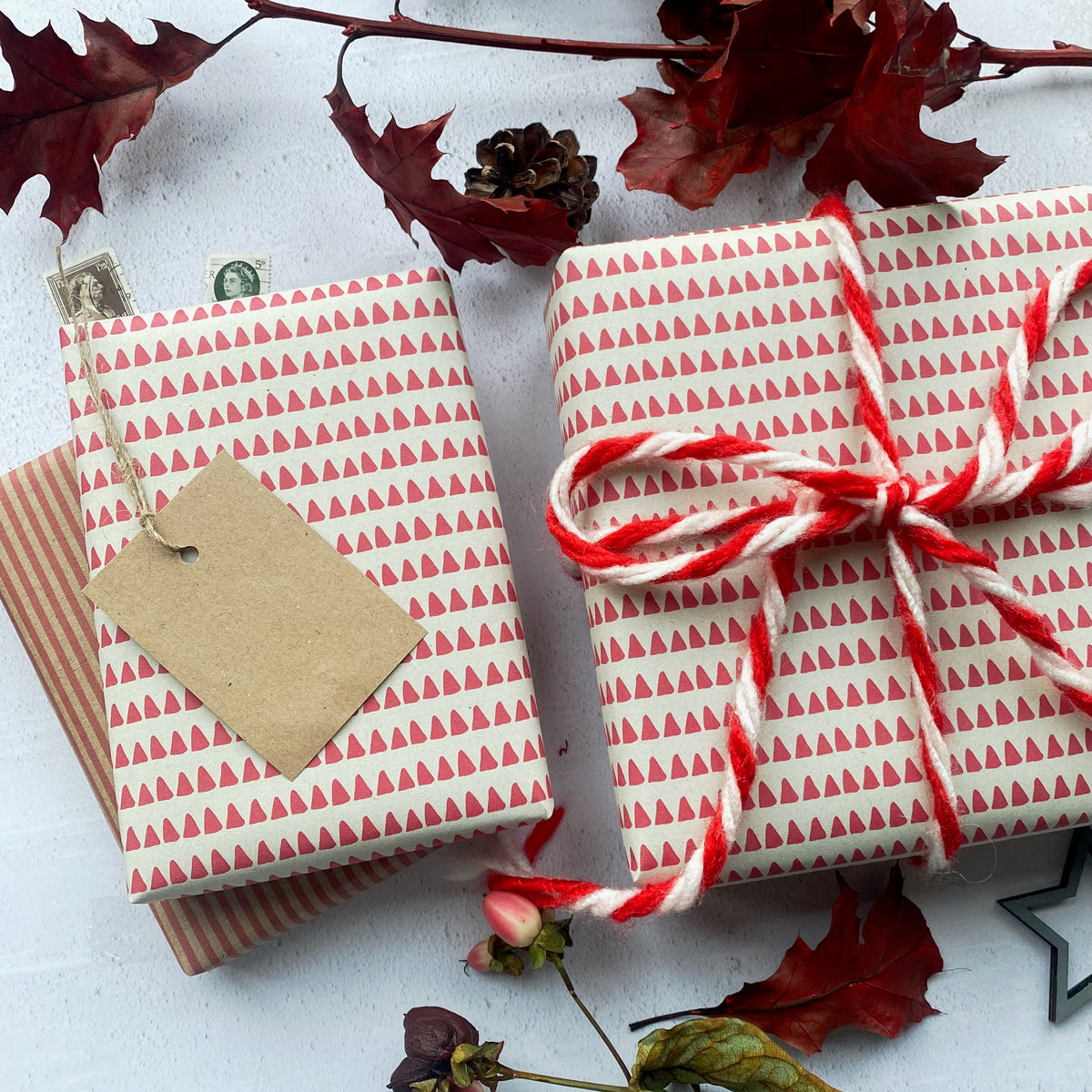 Red Triangle Stripe Paper Fibre Wrapping Paper Set