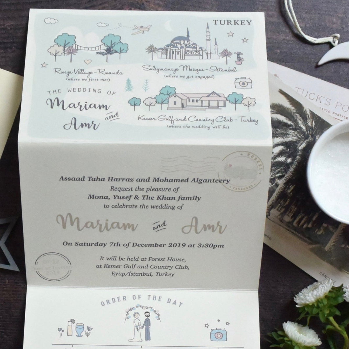 BESPOKE ILLUSTRATED FOLDED WEDDING INVITATION WITH TIMELINE