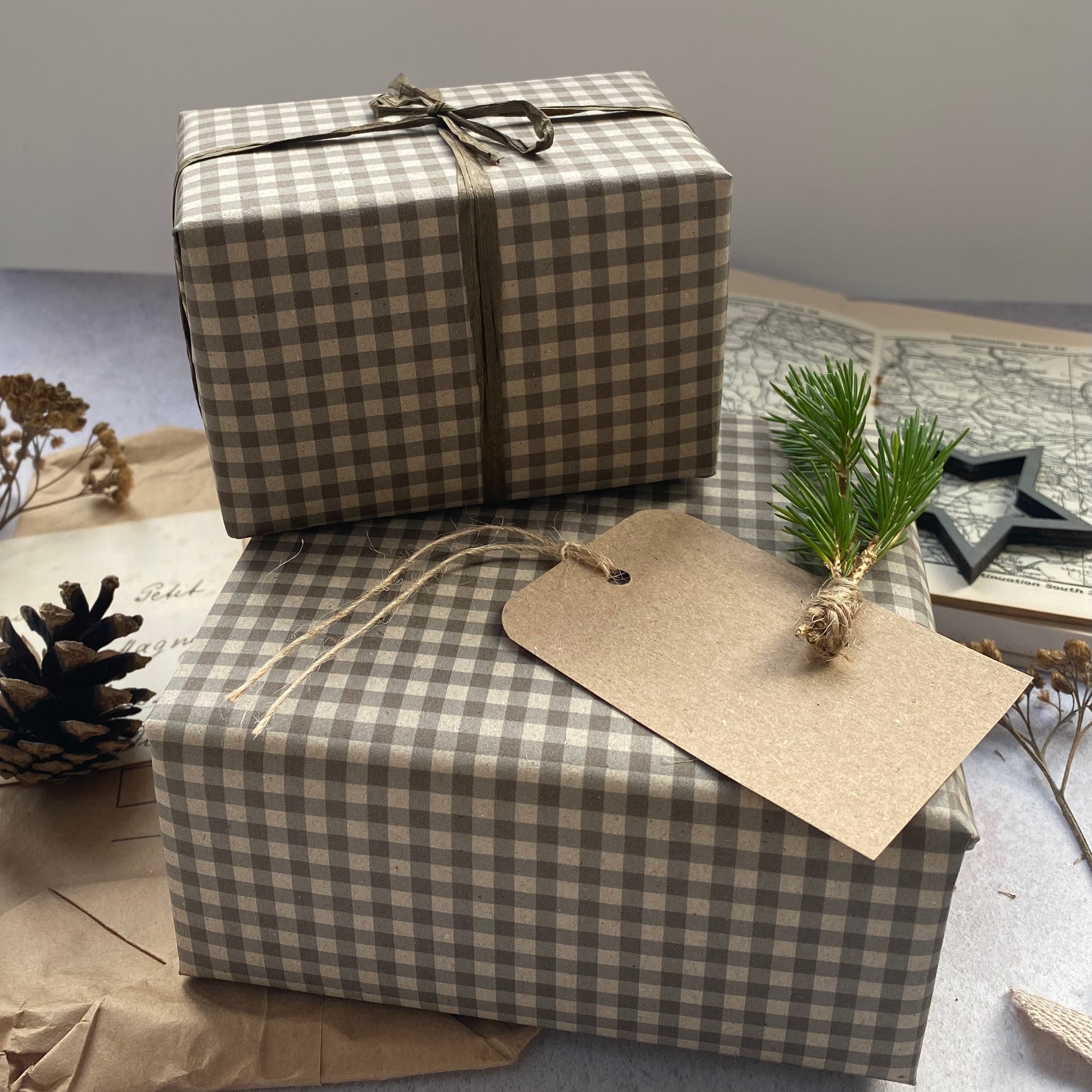 Mocha Coloured Gingham Christmas Wrapping paper
