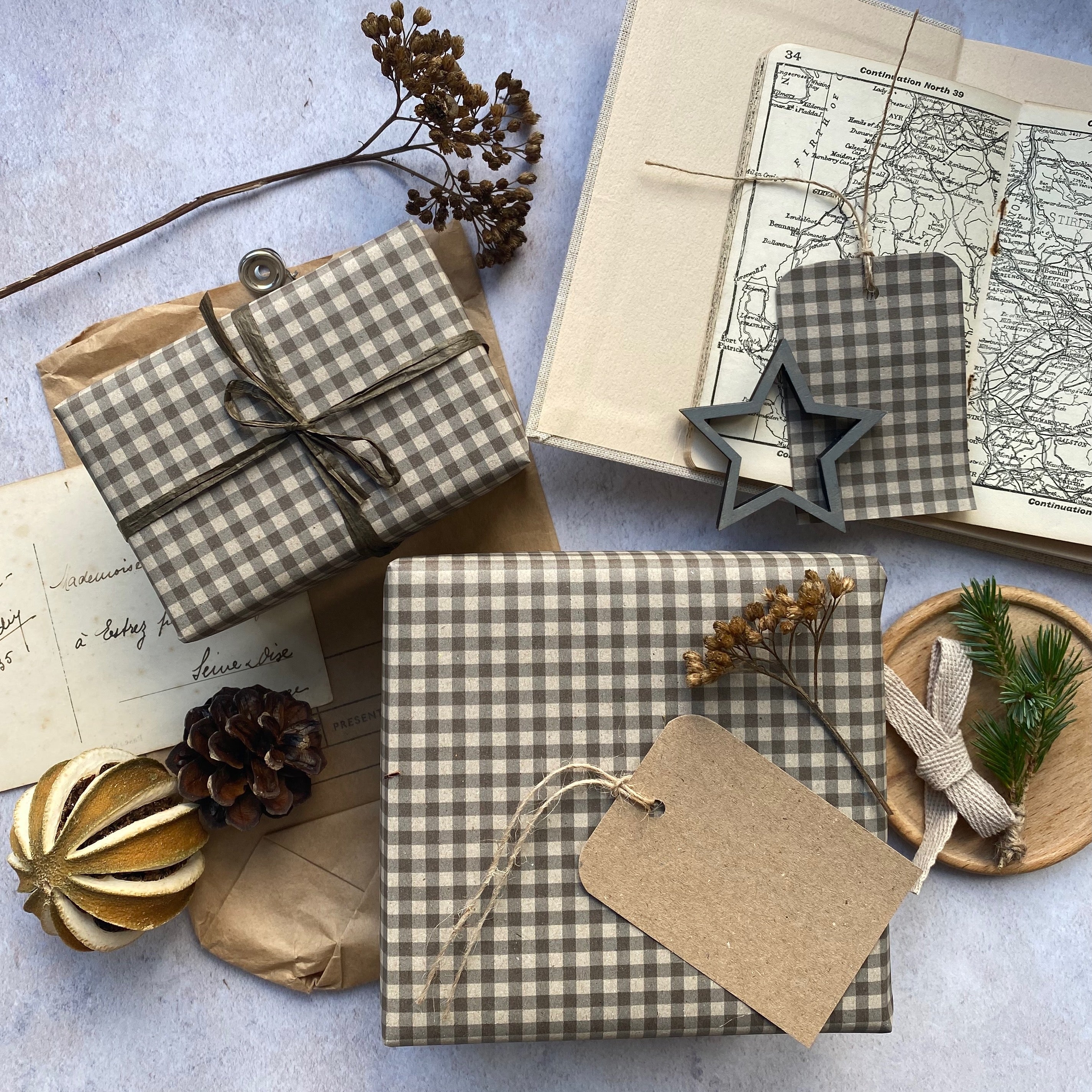 Mocha Coloured Gingham Christmas Wrapping paper