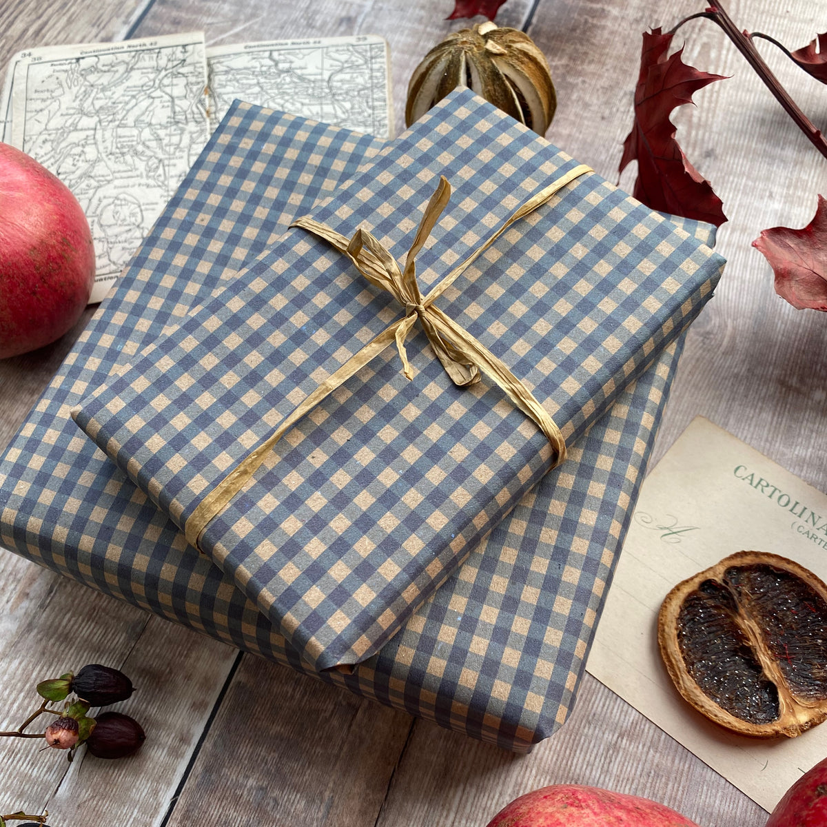 Blue Gingham Paper Fibre Wrapping Paper