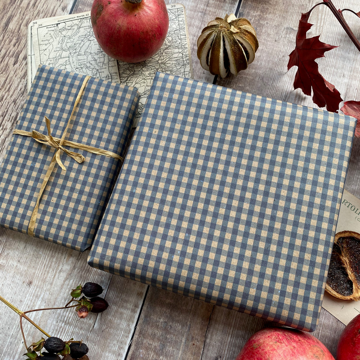 Blue Gingham Paper Fibre Wrapping Paper