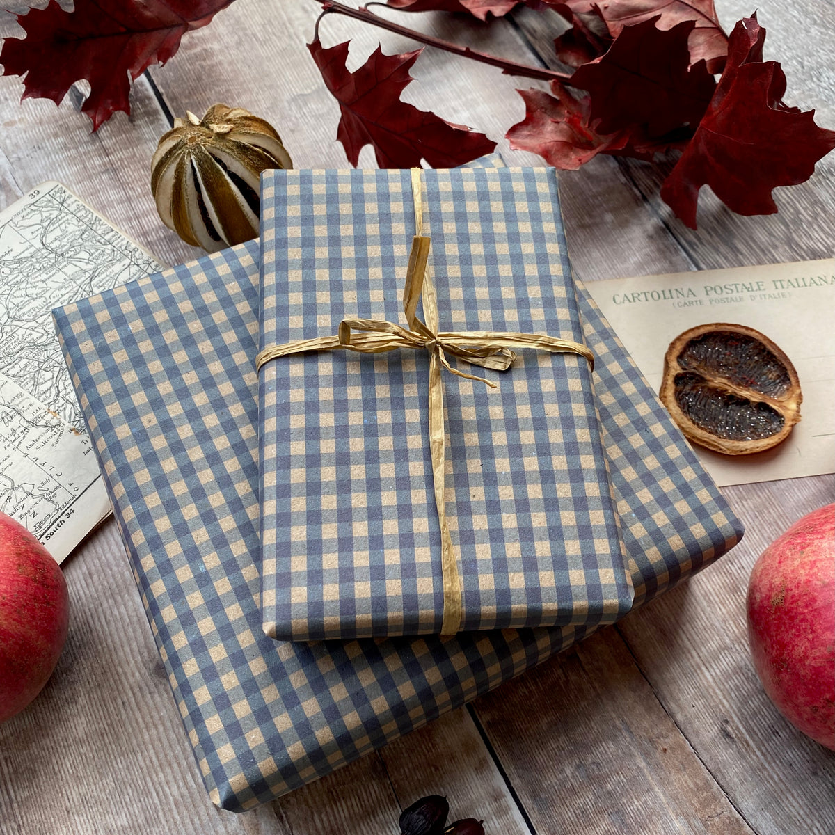 Blue Gingham Paper Fibre Wrapping Paper