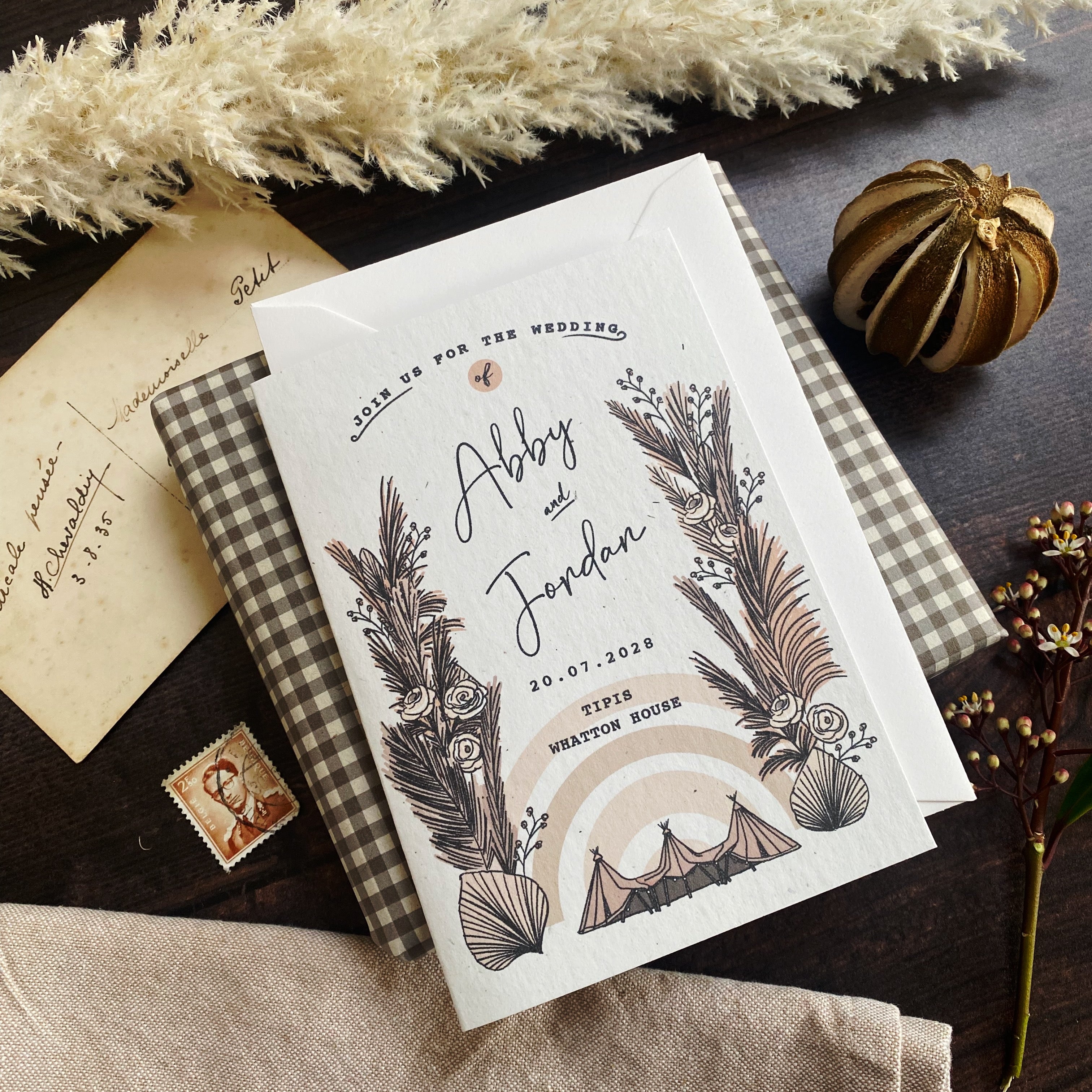 Boho Tipi Pampas Folded Wedding Invitation