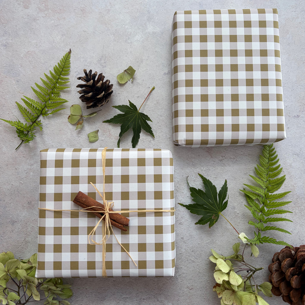 Moss Green Cheque Pattern on White Recycled Fibre 450 x 320mm Size Wrapping Paper Sheet