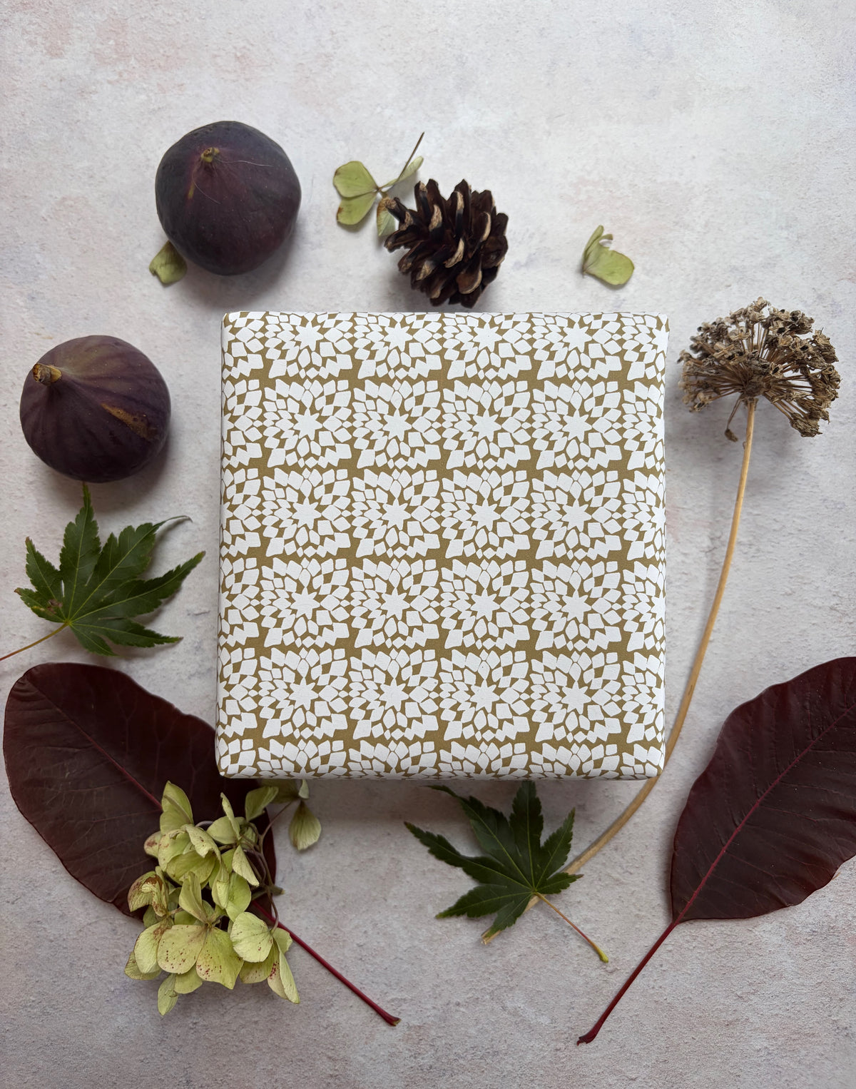 Snowflake Moss Green on  White Recycled Fibre 450 x 320mm Size Wrapping Paper Sheet