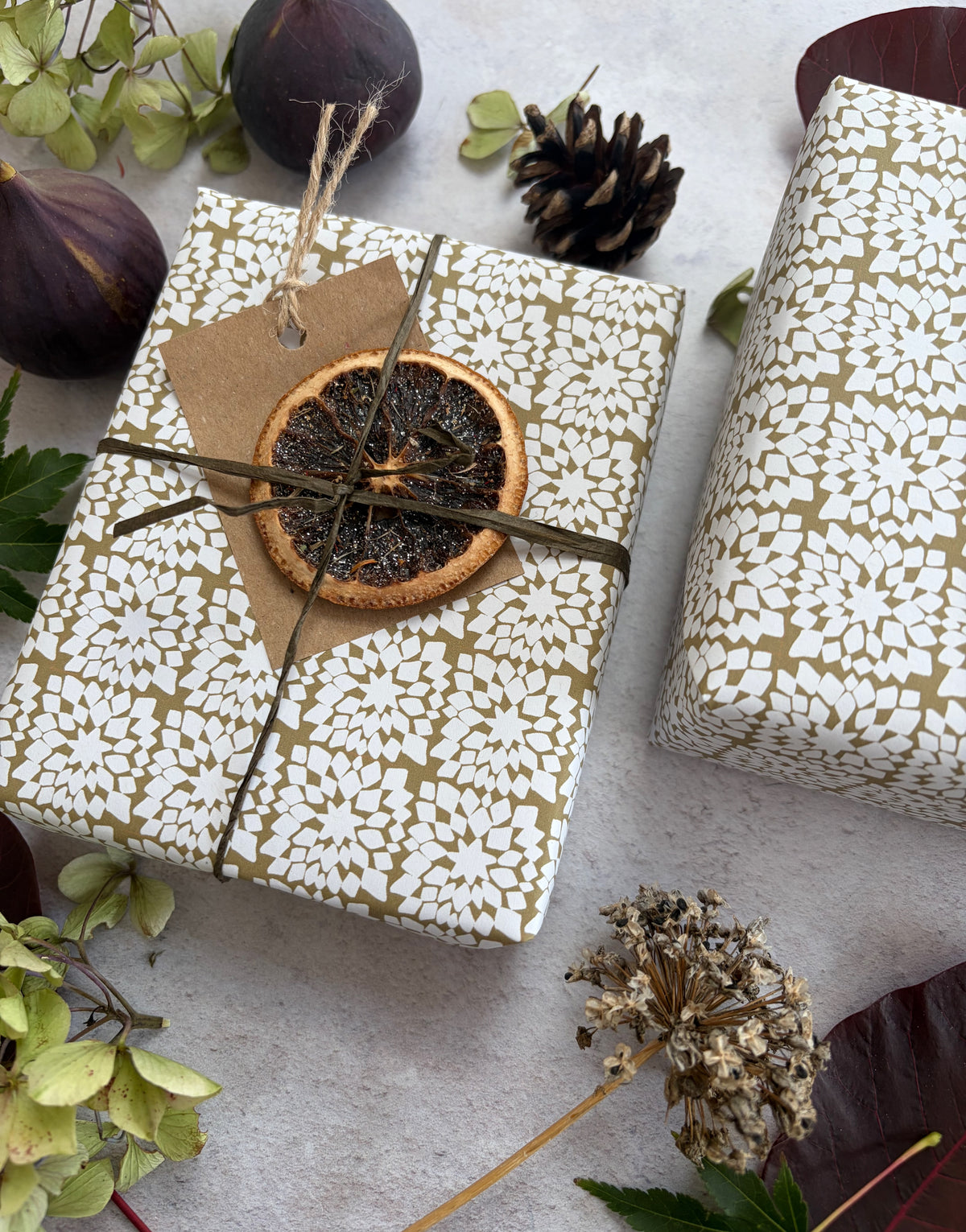Snowflake Moss Green on  White Recycled Fibre 450 x 320mm Size Wrapping Paper Sheet