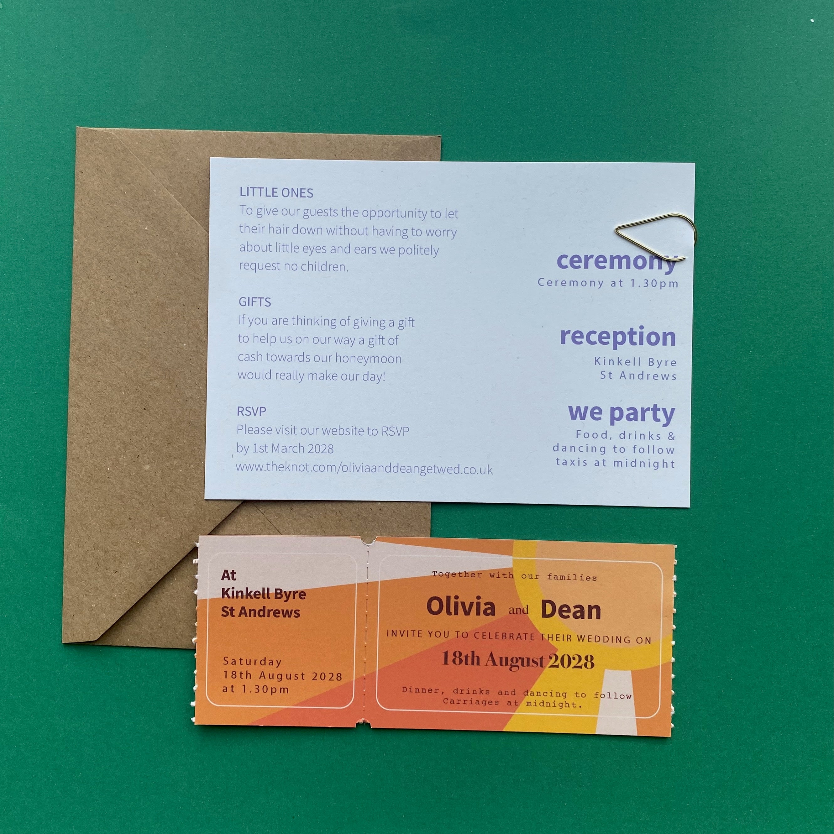 Colourful, Fun Ticket Style Alternative Wedding Invitation