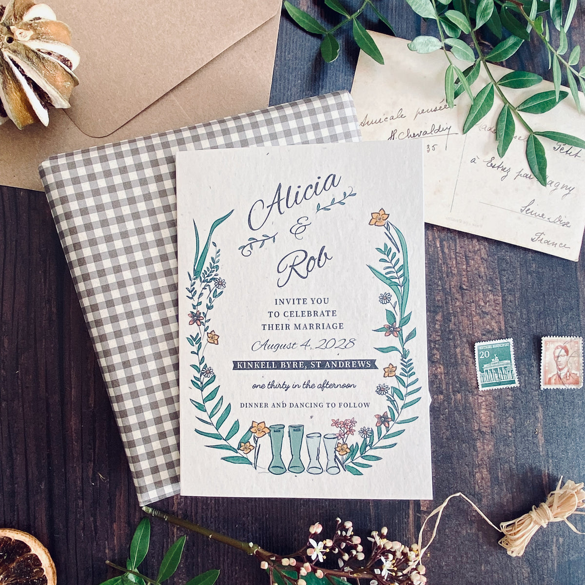 Wellie & Wildflower Folded Wedding Invitation Card