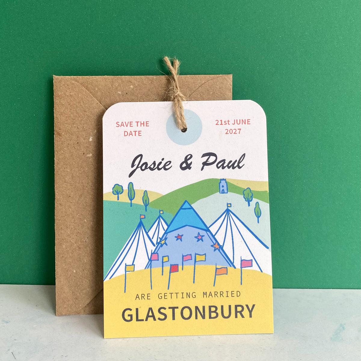 Glastonbury Illustration Save the Date Luggage Tag