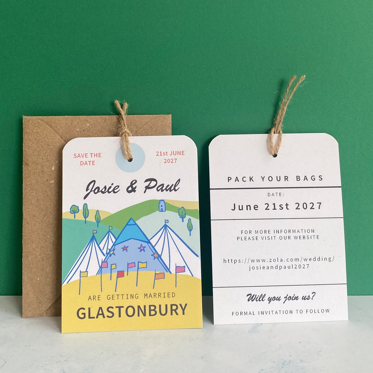 Glastonbury Illustration Save the Date Luggage Tag