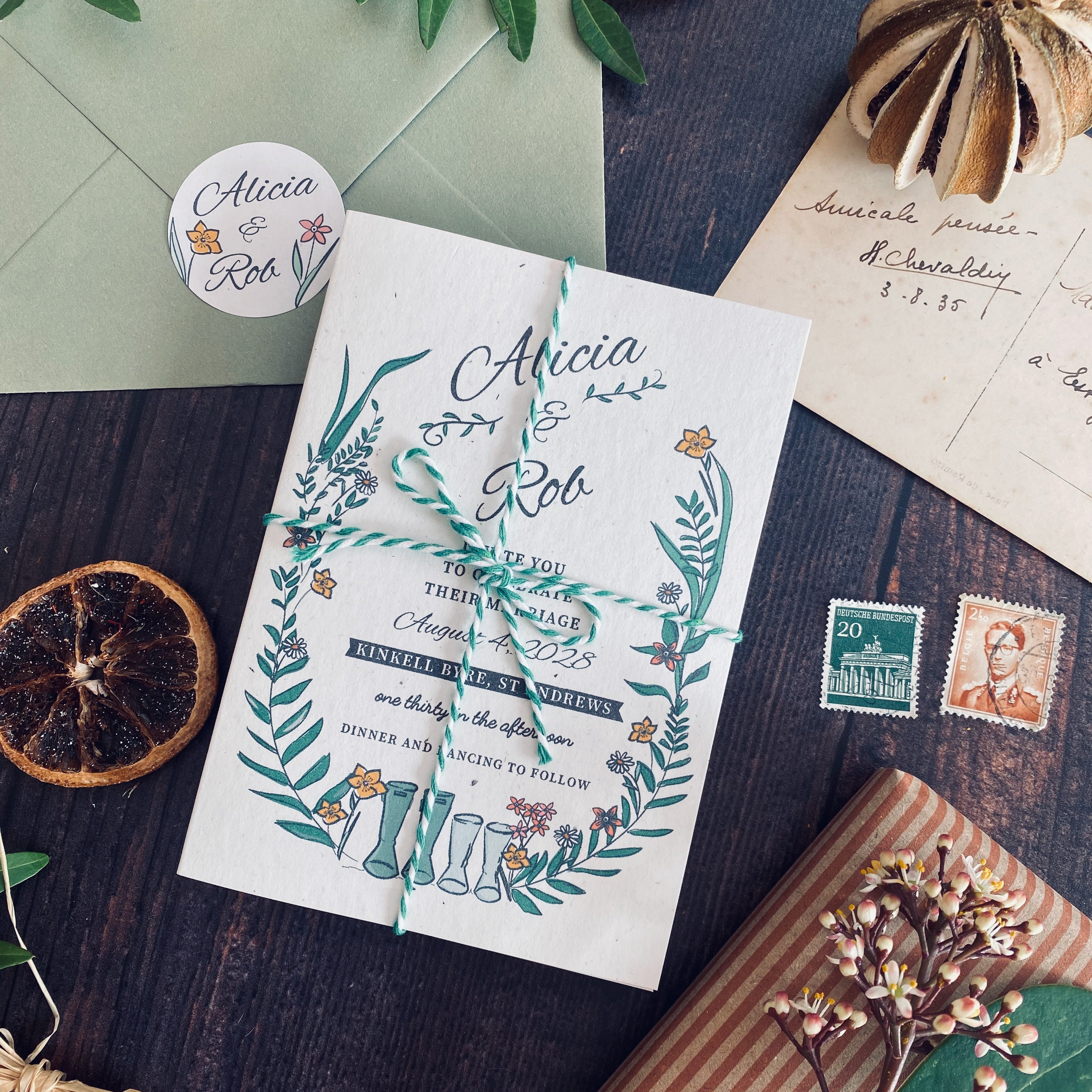 Wellie & Wildflower Folded Wedding Invitation Card