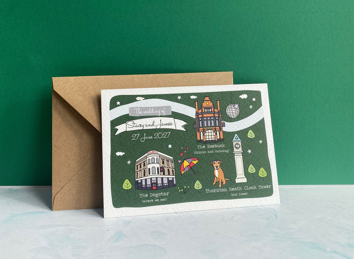 Illustrated Bespoke Map Invitation - Our Story Green