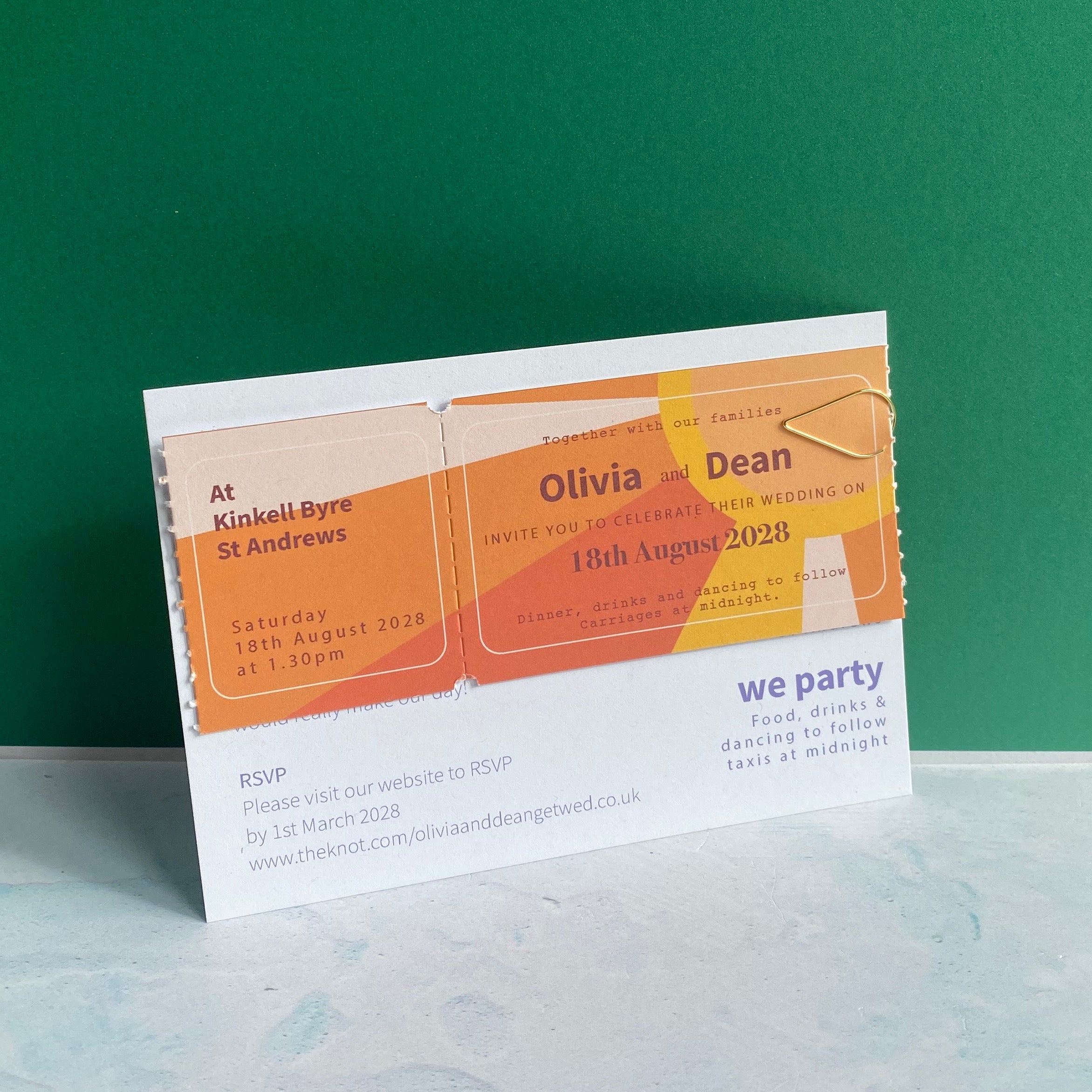 Colourful, Fun Ticket Style Alternative Wedding Invitation