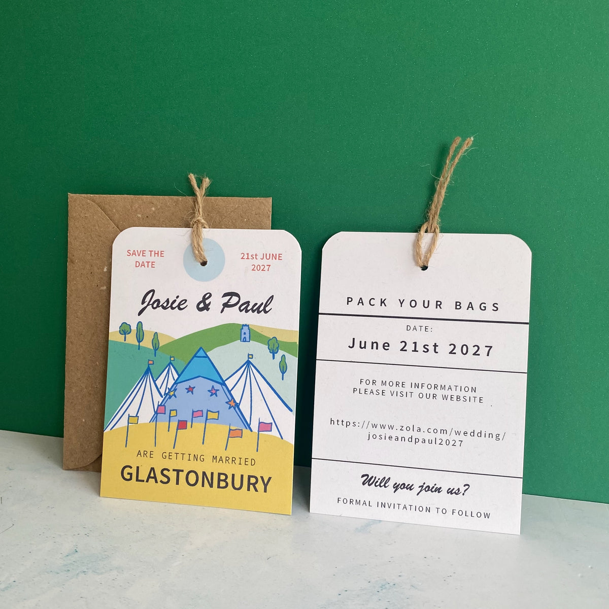 Glastonbury Illustration Save the Date Luggage Tag
