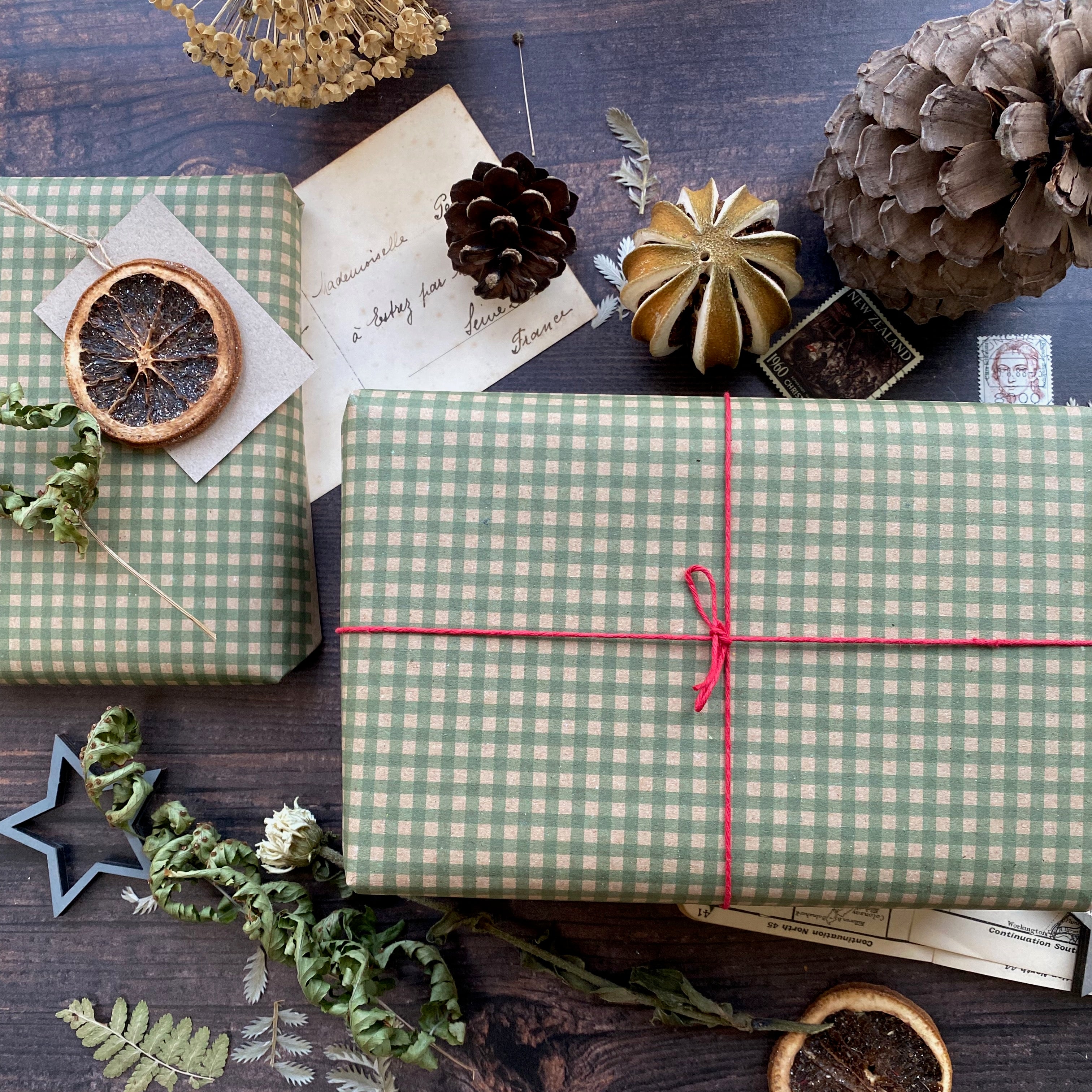 Green Gingham Paper Fibre Wrapping Paper