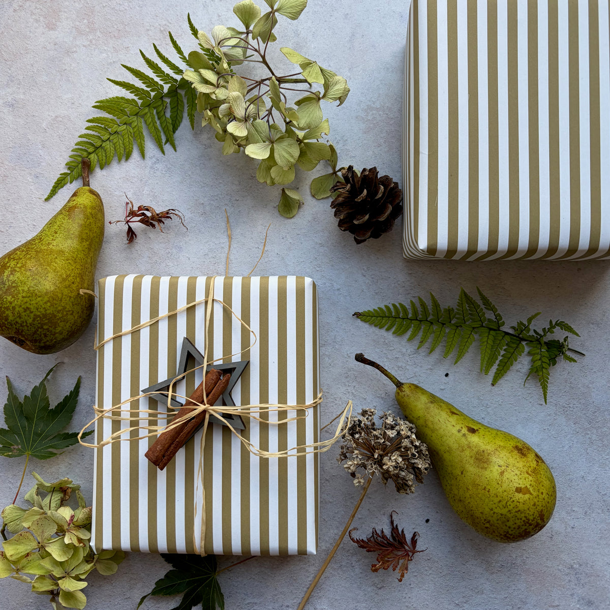 Moss Green Stripe  on  White Recycled Fibre 450 x 320mm Size Wrapping Paper Sheet
