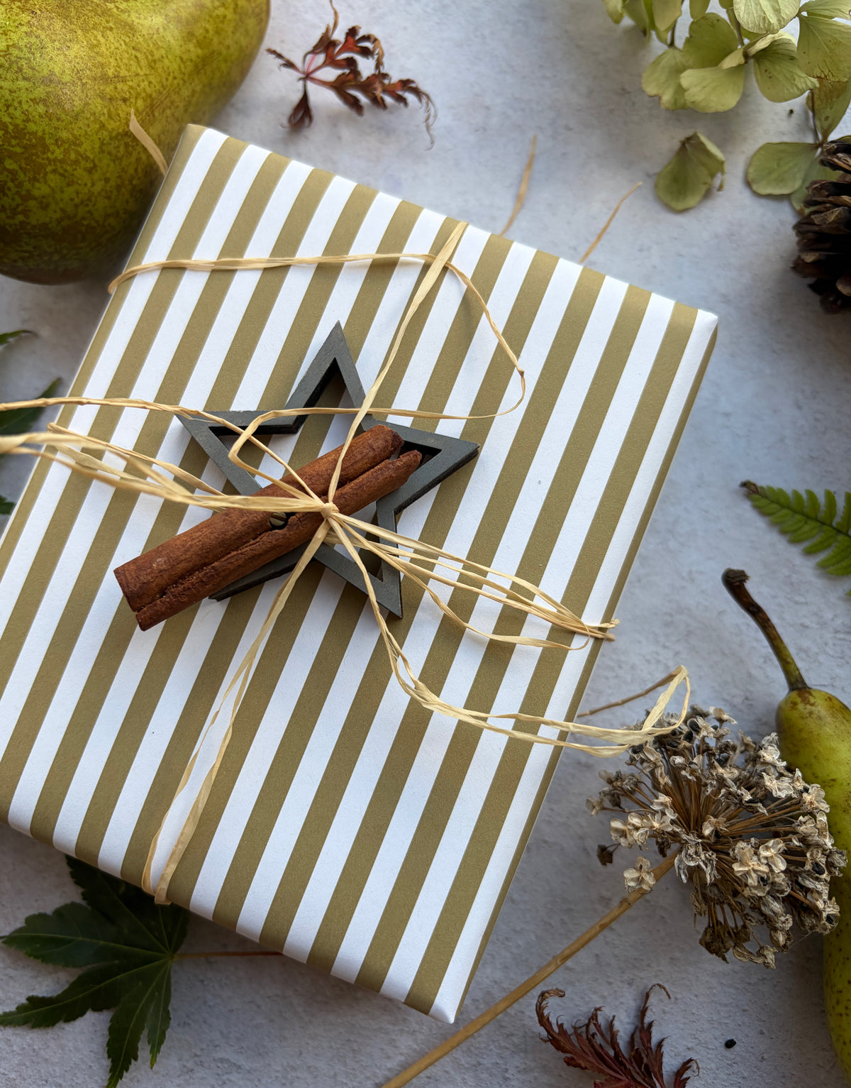 Moss Green Stripe  on  White Recycled Fibre 450 x 320mm Size Wrapping Paper Sheet