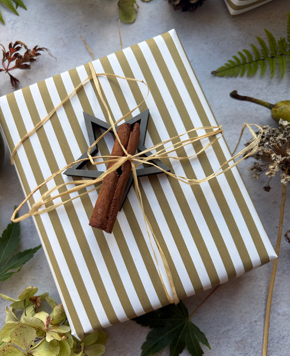Moss Green Stripe  on  White Recycled Fibre 450 x 320mm Size Wrapping Paper Sheet