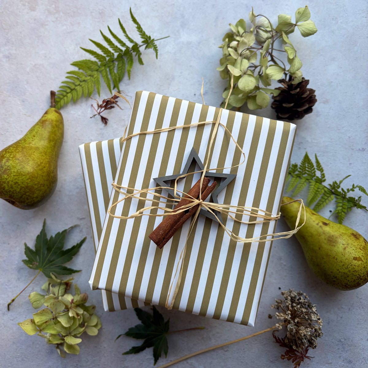Moss Green Stripe  on  White Recycled Fibre 450 x 320mm Size Wrapping Paper Sheet