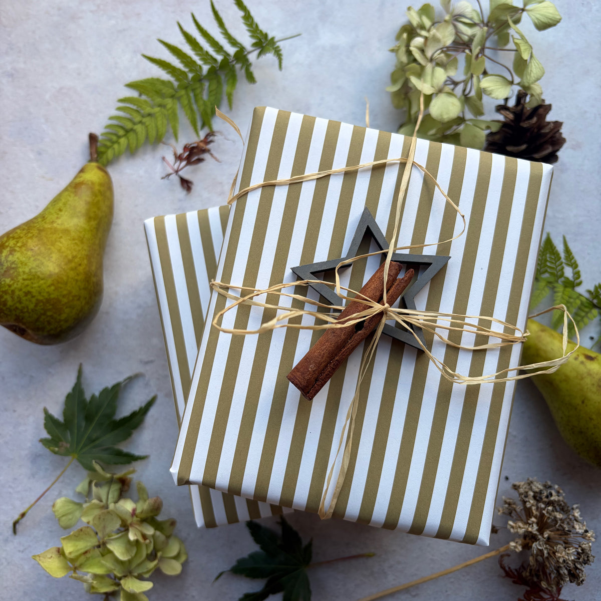 Moss Green Stripe  on  White Recycled Fibre 450 x 320mm Size Wrapping Paper Sheet