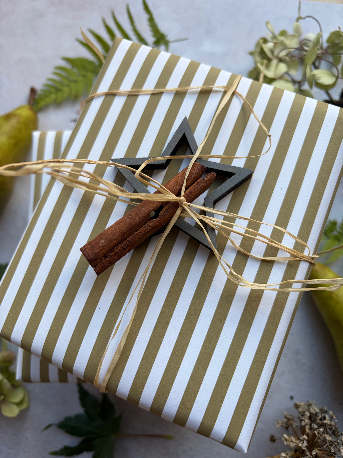 Moss Green Stripe  on  White Recycled Fibre 450 x 320mm Size Wrapping Paper Sheet
